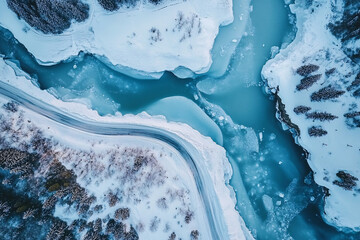 an aerial view of a winding frozen river surrounded by snow-covered landscapes and icy blue tones in a serene winter setting  
