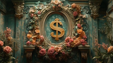 Fototapeta premium A golden dollar sign surrounded by flowers and ornate decor, set against a teal background.