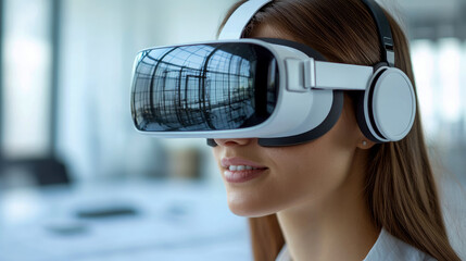 Woman engages with virtual reality technology in a contemporary office, showcasing innovative applications during a demonstration
