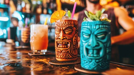 Vibrant tiki cocktails in colorful mugs showcased at a lively bar with a cheerful bartender serving drinks in a festive atmosphere.