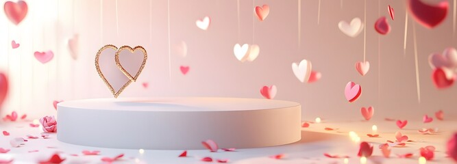 A soft white podium with golden highlights, surrounded by glowing hearts and soft rose petals, creating an open space for displaying a Valentine is product.