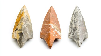 Three distinct quartzite spearheads illustrating the Atherian lithic industry, featuring varied colors and textures against a clean, white background.