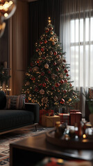Obraz premium AI Generative portrait Christmas tree decorated with lights and ornaments, in a cozy living room, photorealistic style.