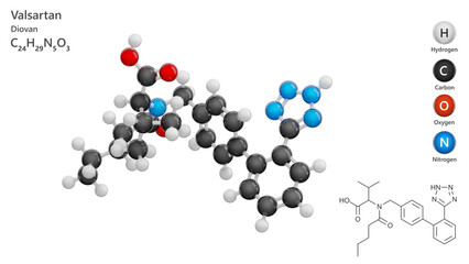 Molecule: Valsartan. Molecular structure. Formula: C24H29N5O3. Chemical model: Ball and stick. White background. 3D illustration.