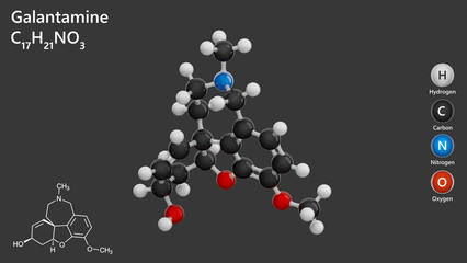 Molecule: Galantamine. Molecular structure. Formula: C17H21NO3. Chemical model: Ball and stick. Gray background. 3D illustration.