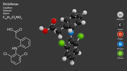 Molecule: Diclofenac. Molecular structure. Formula: C14H11Cl2NO2. Chemical model: Ball and stick. Gray background. 3D illustration.