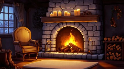 A cozy fireplace with burning candles and firewood, in a cartoon-style room with warm lighting. A chair is placed next to the fireplace, in the style of a cartoon illustration