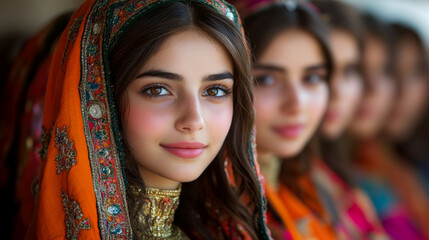 Fototapeta premium Group of women in colorful traditional clothing gather together, showcasing their culture and joyful spirit during a lively outdoor event
