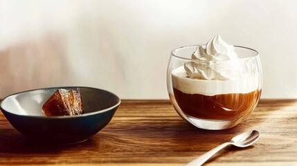 Fototapeta premium Delicious dessert with cream and coffee jelly on table