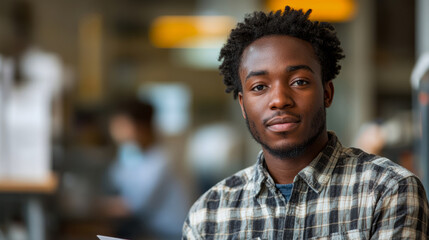 Fototapeta premium A young man with curly hair holds a sheet of paper while focused on his work in a contemporary office setting filled with natural light
