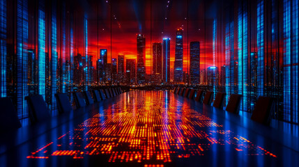A sleek conference room features a breathtaking view of a city skyline at sunset, illuminated by colorful lights and digital motifs on the floor