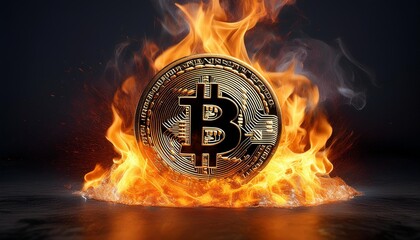 burning bitcoin engulfed in bright flames on a dark background