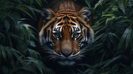 Fototapeta premium A majestic Bengal tiger with striking orange and black stripes stares intensely from behind green foliage.