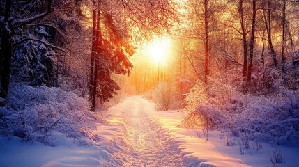 Naklejka premium Winter sunset illuminating a snow-covered forest path, highlighting the tranquil beauty of nature in a serene, frost-kissed landscape.