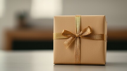 Elegant Brown Gift Box with Gold Ribbon on a Light Table in a Bright Room, Perfect for Celebrations, Holidays, or Special Occasions Like Birthdays or Anniversaries