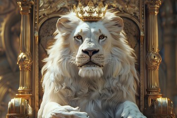 Majestic white lion king on golden throne, regal, powerful, fantasy artwork.