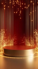 A simple but festive Chinese New Year podium with a gold and red color palette, surrounded by delicate firework designs and soft lighting. The space before the podium is empty, ideal for product