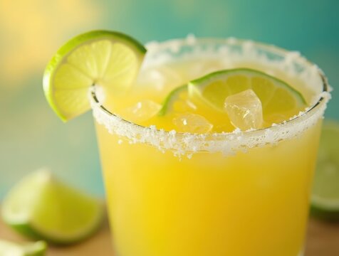 Vibrant yellow margarita cocktail served in a glass rimmed with salt and garnished with a fresh lime wedge - Powered by Adobe