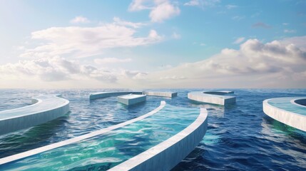 Harnessing tidal energy geometric wave energy converters ocean digital art futuristic landscape sustainable design soft blues and silvers