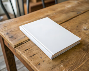 Fototapeta premium white blank book cover lying flat on rustic wooden table, creating serene and inviting atmosphere for creativity and inspiration