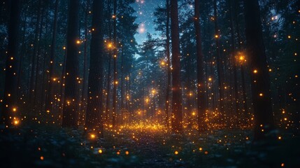 Fototapeta premium A magical forest path illuminated by fireflies at night.