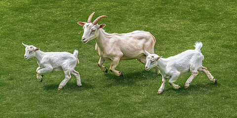 Fototapeta premium White Goats Running on Grass in a Sunny Field