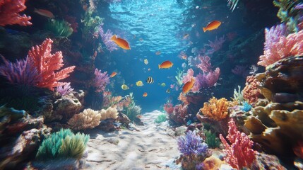 Fototapeta premium Vibrant coral reef under the sea with colorful fish swimming around, creating a lively underwater scene