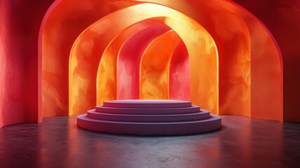 Fototapeta premium Dynamic abstract vortex of colors encircling central podium in vibrant architectural space