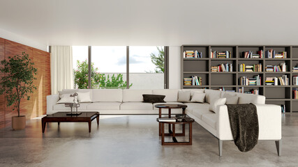 Large luxury modern bright interiors Living room mockup illustration 3D rendering image