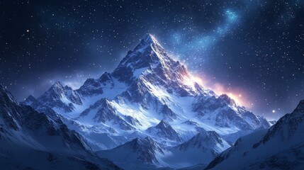 A majestic snow-capped mountain peak rises against a breathtaking backdrop of a starry night sky. The Milky Way galaxy stretches across the horizon, casting a celestial glow over the landscape.