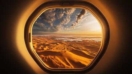Naklejka premium View of a dramatic desert landscape at sunset seen through a circular spacecraft porthole window, ideal for travel marketing.