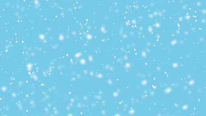 Random falling snow flakes wallpaper. Snowfall dust freeze granules. Snowfall sky white teal blue background. 