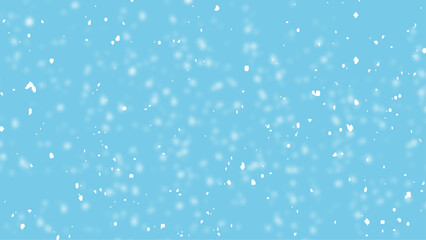 Random falling snow flakes wallpaper. Snowfall dust freeze granules. Snowfall sky white teal blue background. 