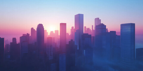 Fototapeta premium Modern City Skyline with Office Buildings and Drone View at Sunset