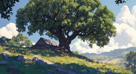 A large oak tree on top of the hill, with an old house under its branches, n the style of a children's book illustration