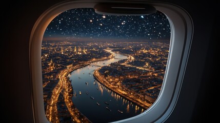 Fototapeta premium Overhead view of a sprawling metropolis at night seen through an aircraft window suggesting themes of global connection and high-altitude travel.