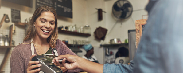 Payment, cafe and phone with card machine by cashier, sale and customer with technology and smile....