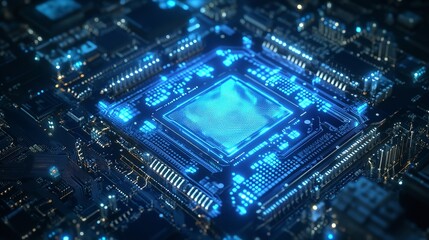 Obraz premium Glowing Blue Processor on a Motherboard