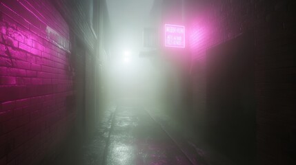 A mysterious alleyway shrouded in fog with a glowing neon sign.