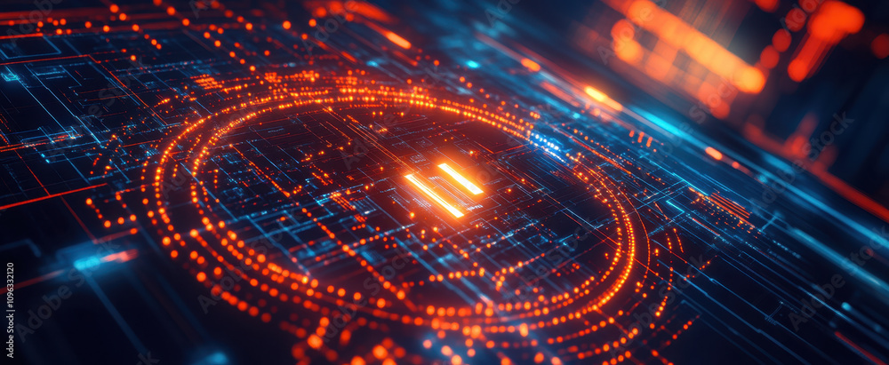 Aufkleber abstract futuristic background with glowing digital elements and circuit board patterns in an orange