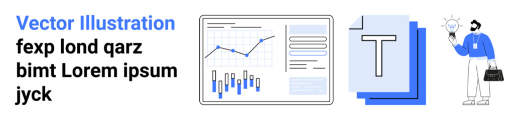 Bar and line graphs on a screen, document text, and a figure holding a lightbulb, briefcase. Ideal for data analysis, business innovation, creative thinking, information sharing, reporting