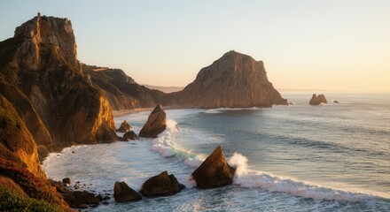 Golden sunset at scenic sea cliffs with waves crashing