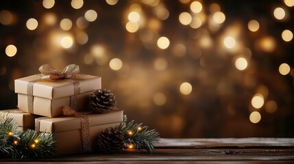Christmas gift boxes, pine cones, and branches with bokeh background