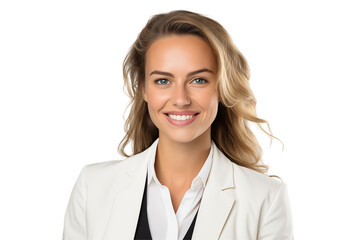 Smiling white business women in suits on transparent background. Women in business attire. Rich women. Business manager. Startup boss. European women. White woman. American woman. Isolated image. Png.