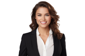 Smiling white business women in suits on transparent background. Women in business attire. Rich women. Business manager. Startup boss. European women. White woman. American woman. Isolated image. Png.