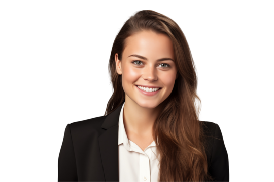 Smiling white business women in suits on transparent background. Women in business attire. Rich women. Business manager. Startup boss. European women. White woman. American woman. Isolated image. Png.