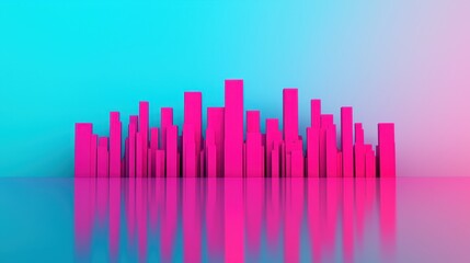 Vibrant Abstract City Skyline with Tall Pink Structures and Reflections Against a Gradient Blue and Pink Background for Creative Projects and Visual Designs