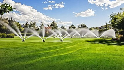 Water sprinklers watering a beautiful green grass field on a sunny day