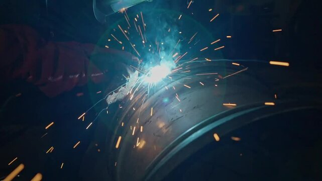 A worker welds metal in slow motion