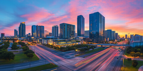 Obraz premium Modern City Skyline with CBD Office Buildings at Sunset, Drone View